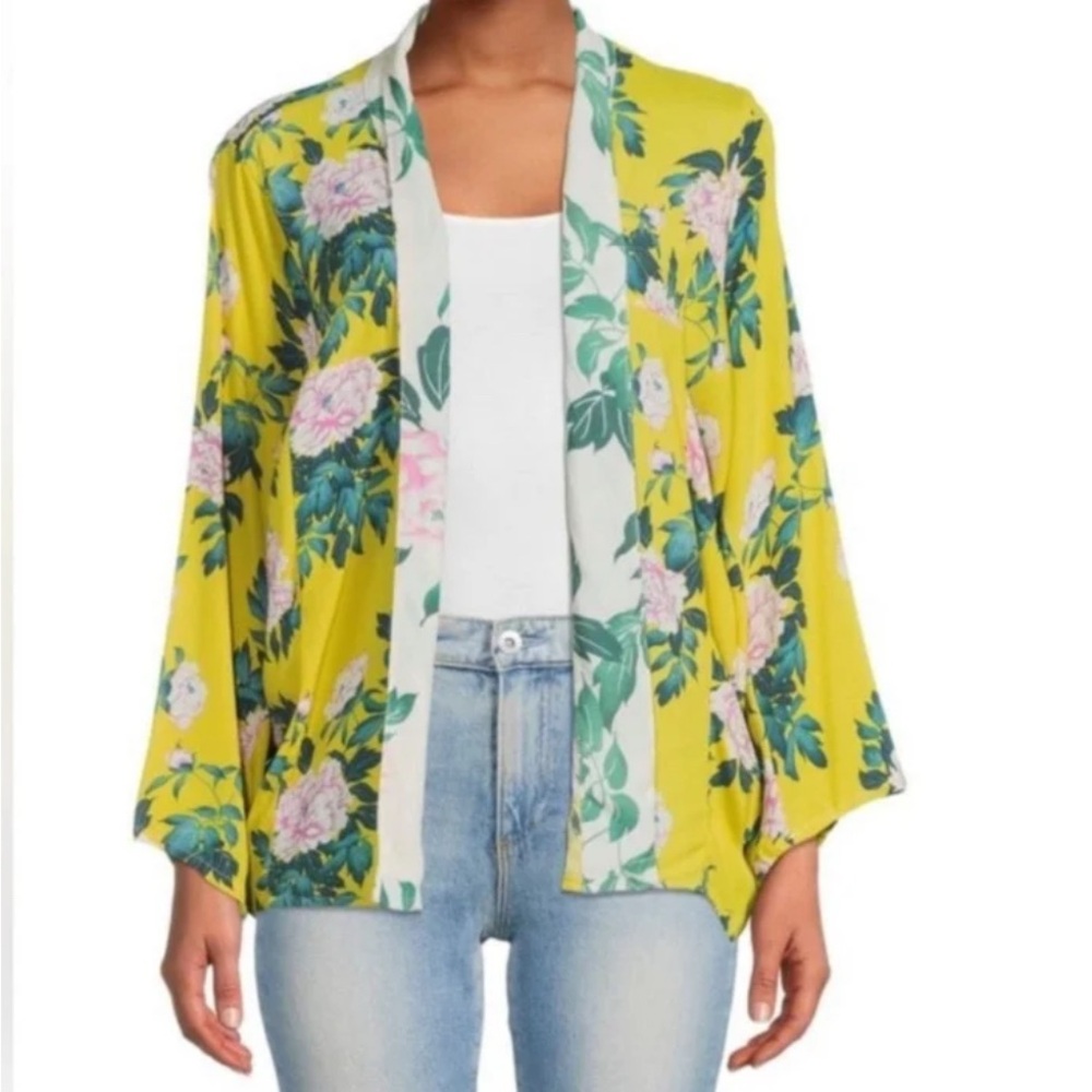 Anthropologie Green and Yellow Floral Kimono